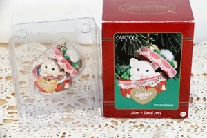 2001 Carlton Cards Heirloom SISTER Christmas Ornament Kitten In Hat Box. w/ Box - Picture 1 of 3