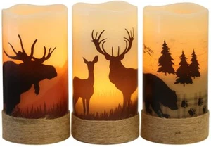 Set of 3 LED Church Flickering Candles Deer Bear Real Wax Home Decor Xmas Gift - Picture 1 of 6