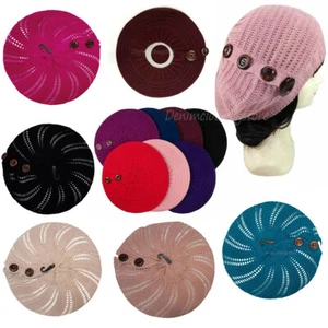 Women's Fall Spring Winter Crochet Knit Slouchy Beanie Beret Cap Hat /4 Buttons - Picture 1 of 19