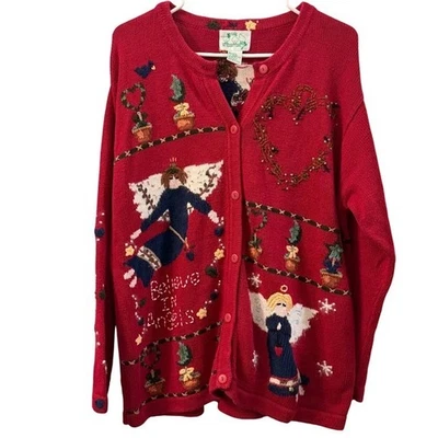 The Quaker Factory Womens Red Believe In Angels Ugly Christmas Sweater Cardigan - Image 1 of 4