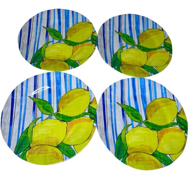 Juego de 4 Platos de Melamina CYNTHIA ROWLEY Limón y Rayas Azules 9" Foto 1 de 4