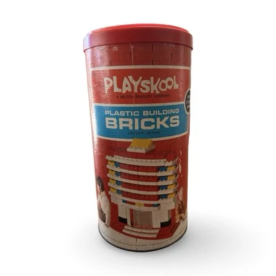 Ladrillos de construcción de plástico vintage Playskool 530 Milton Bradley 1970 casi completos Foto 1 de 4