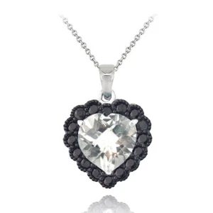 925 Silver 4ct White Topaz & Black Spinel Heart Necklace, 18" - Picture 1 of 4