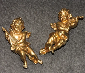 2 Vintage MCM Blasform Gold Cherub Engel hängend Wanddeko Kunst - Bild 1 von 7