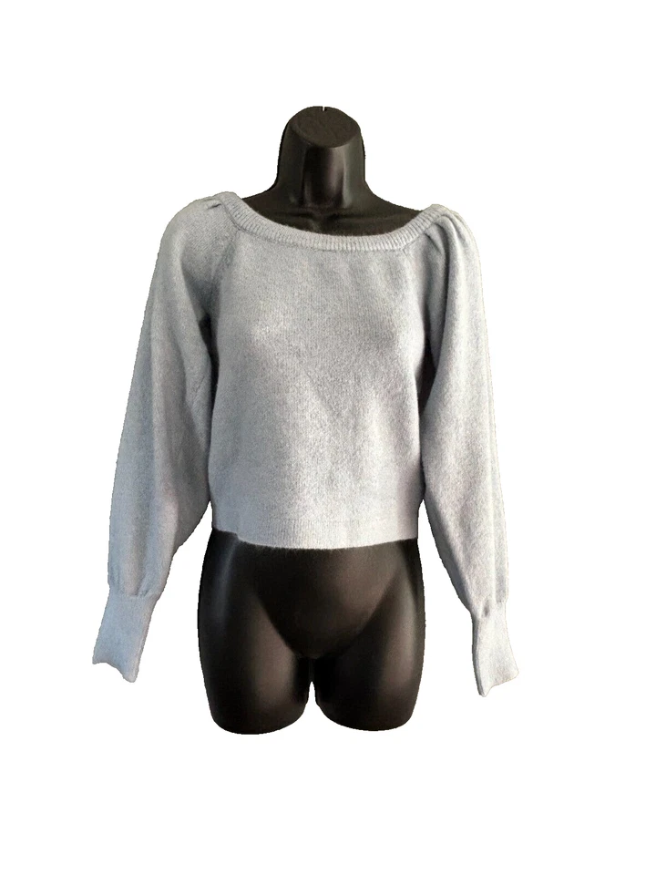 Lush Womens Light Blue Balloon Sleeve Scoop Neck Crop Sweater Size Medium - Image 1 of 4