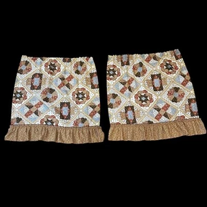 Vintage Sears 1970s Brown Patchwork Curtain Panels Ruffle Floral 35 In by 35 In - Picture 1 of 6