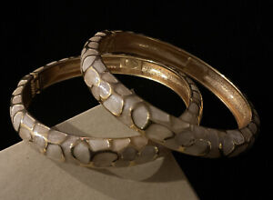 Pair Of Exquisite Retired Joan Rivers Goldtone Cream Enamel Hinged Bracelets - M