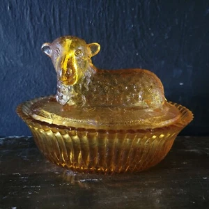 Vintage Degenhart Amber Glass Lamb / Sheep on Nest Covered Dish, Easter Decor - Picture 1 of 10