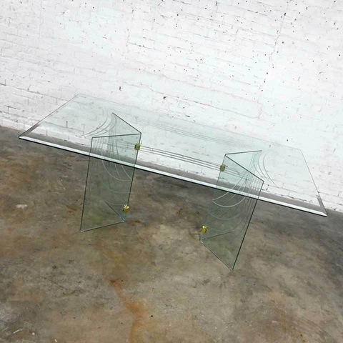 Modern All Glass Dining Table V Double Pedestal Base Style Pace Collection Cover