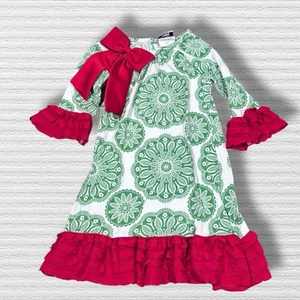 Counting Daisies Girls Size 4T Green White Floral Print Red Ruffle Trim Dress - Picture 1 of 5