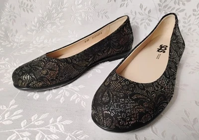 Zapatos planos cómodos con estampado de encaje escénico para mujer SAS 8,5 M cuero floral negro metálico  Foto 1 de 4