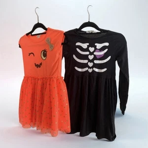 H&M Girl's Lot Of 2 Halloween Dresses Pumpkin and Skeleton Bones Sz 8-10 LKNEW - Picture 1 of 6