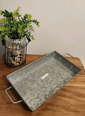 Galvanized Metal Small SERVING DECOR TRAY w/Handles RUSTIC FARMHOUSE 14"x8"x2"  - Image 1 of 4