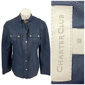 Charter Club Jacket Womens 10 Blue Faux Leather Coat Preppy Work Office Capsule - Picture 1 of 15