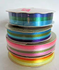 Vtg Lot 4 Striped Gift Wrap Satintone Sears 5/8" Wide Blue Pink Yellow - Picture 1 of 4