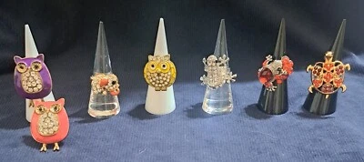Enamel & CZ Gold/Silver Tone Animal Adjustable Lot of 7 Rings Owl Frog US Sizes  - Image 1 of 4