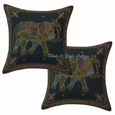 Black Cushion Cover Embroidered Gypsy Handmade Zari Tribal Ethnic Hippie Pillow - Image 1 of 4