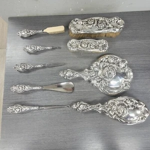 9 PC STERLING SILVER DRESSER VANITY SET BRUSHES MIRROR TOOLS VINTAGE - Picture 1 of 19