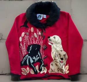 Vintage Storybook Knits Sweater XS Red Multicolor Dogs Art Fur Trim Glam Boho - Picture 1 of 9