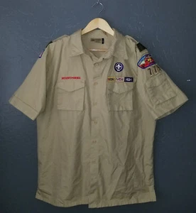 Boy Scouts POPLIN Uniform Shirt BSA #779 Sewn Patches UPF Sun Protection Men LG - Picture 1 of 4