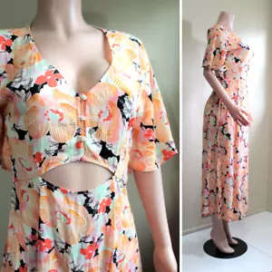 ASOS Midi Dress 6 S Peach Rayon Floral Fit Flare Flutter Sleeve Retro 30s Print - Picture 1 of 10