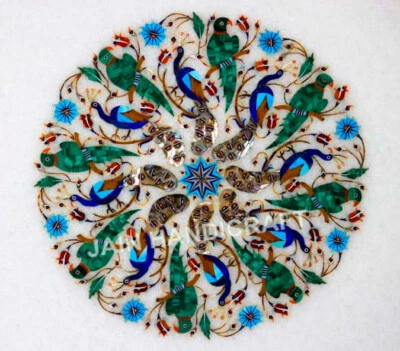 12" white Marble Inlay table Top pietra Dura center wall Room peacock design - Image 1 of 4