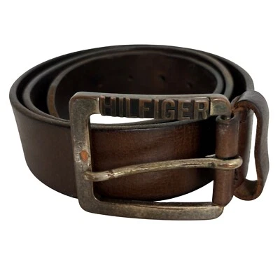 Cinturón Tommy Hilfiger Vintage Cuero Marrón Y2K Cuadrado Dorado Hebilla 1.5" Ancho L 45" Foto 1 de 4