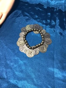 Vintage Faux Coin Charm Stretch Bracelet Cha Cha Bronze Tone - Picture 1 of 3