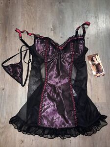 Vintage Shirley of Hollywood Corset & String Panty Set Size M Lace Up Back NEW