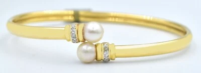 GENUINE 6 mm WHITE PEARLS & DIAMOND BANGLE BRACELET 14K GOLD - Free Appraisal - Image 1 of 4