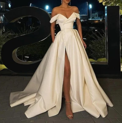 Wedding Dress Length High Side Split Sweep Train Satin Backless With Pockets - Image 1 of 4