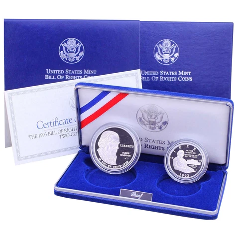 1993 S James Madison Bill Of Rights Proof Commem OGP 90% Silver 2 Coin Set Cover