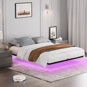 Floating Bed Frame Queen Size with LED Lights & charging station, Metal Platform - Picture 1 of 12