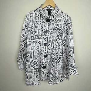 Ali Miles XL Tunic Top White Black Aztec Print Artsy Wide Sleeve Lagenlook - Picture 1 of 9