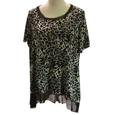 Dressbarn女式2X动物印花上衣透明网眼下摆黑色白色短袖 — 第 1/4 张图片