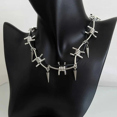 Silver Plated Barbed Wire Rivet Leather Choker Necklace Gothic Punk Jewellery - Image 1 of 4