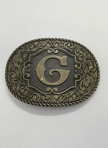Vintage 1970s belt buckle SOLID BRASS Western "G" Cowboy Gangster ADM Horse - Picture 1 of 7