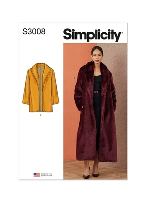 Simplicity 3008 Sz 18-26 Shawl Collar Coat Fur Wool Warm Full Length Pattern - Image 1 of 4