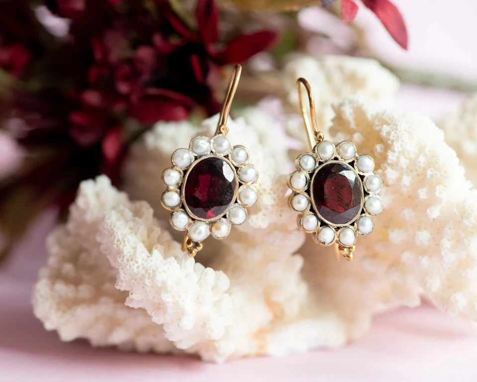 4 Ct Oval Cut Simulated Ruby & Pearl Drop Hoop Earrings 14K Yellow Gold Plated - Image 1 of 4