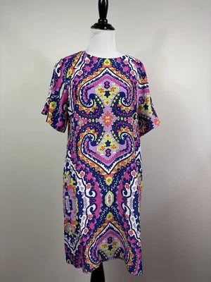 Alice & Trixie Dress L Purple Pink Vibrant 1960’s Inspired Abstract Geo Silk Foto 1 de 4