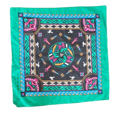 Vintage Aztec Bandana Native American Turquoise Southwest Wamcraft Design USA - Image 1 of 3