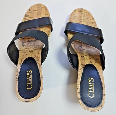 Sandalias de cuña Chaps para mujer talla 9B correa elástica negra, reposapiés de corcho Foto 1 de 4
