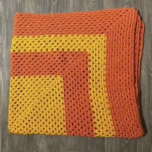 Vintage Afghan Crochet Granny Square Blanket Throw Orange Coral Peach Adorable - Picture 1 of 5