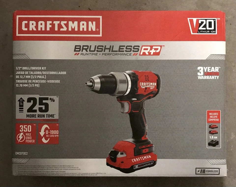 CRAFTSMAN 1/2” Brushless RP Cordless Drill 2 Batteries & Charger CMCD713C2