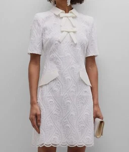 $475 Badgley Mischka Women's White Bow-Front Lace Short Sleeve Mini Dress Size 4 - Picture 1 of 7
