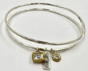 SILPADA B3079 STERLING 925 CZ BRASS CHARMS DOUBLE BANGLE BRACELET (T327) - Picture 1 of 9