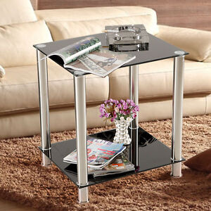 Black 2 Tiers Glass & Stainless Steel Small Display Stand Side Lamp Coffee Table