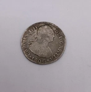 Moneda de Plata 1806 2 Reales España México Casa de la Moneda Lima Perú Antigua Moneda Barco Pirata - Imagen 1 de 4