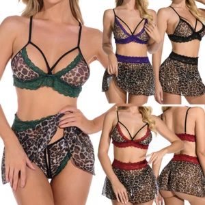 Women Sexy Lingerie Set Leopard High Waisted Tops V-Neck Lace Babydoll Nightwear - Picture 1 of 18