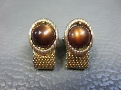 Vintage Brown Lucite Wrap Around Yellow Gold Plated Cuff Links  - Image 1 of 2